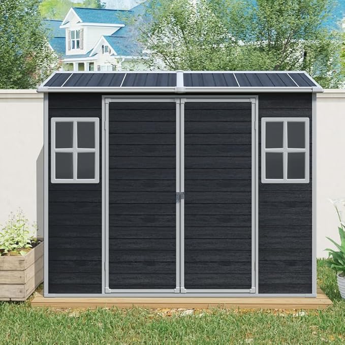 8x4 FT Resin Outdoor Storage Shed with Floor and 2 Windows, Outside Plastic Sheds Storage Clearance w/Lockable Door, Backyard Garden Tool House for Patio, Yard, Lawn, Bike, Black