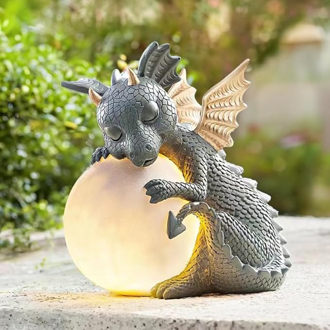 8.6" Solar Dragon Garden Statue, LED Figurine Light, Resin Outdoor Sculpture, Solar Powered Yard Art, Night Garden Light, Solar Landscape Path Light Ornament, Lawn Solar Lighting Figurine Art