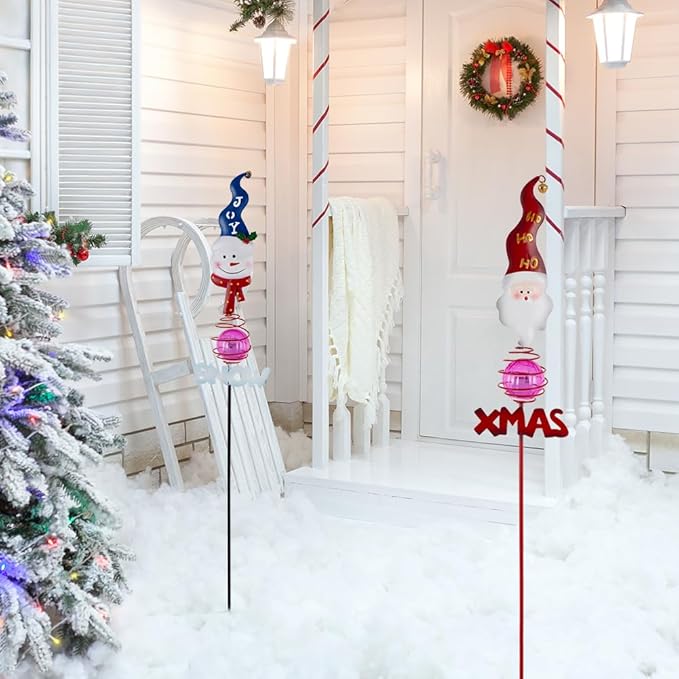 Solar Christmas Decorations Outdoor,2 Pack Snowman＆Santa Claus Xmas Pathways Lights,Christmas Solar Garden Stake Lights for Outside Lawn Patio Landscape