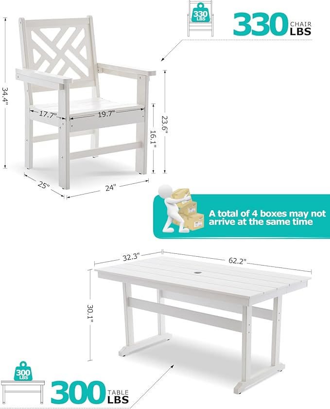 7 Piece HDPE Outdoor Dining Set for 6, Patio Dining Furniture Set with Umberlla Hole, Weather Resistent Outdoor Table and Chairs for Garden, Poolside, Backyard, Deck,White