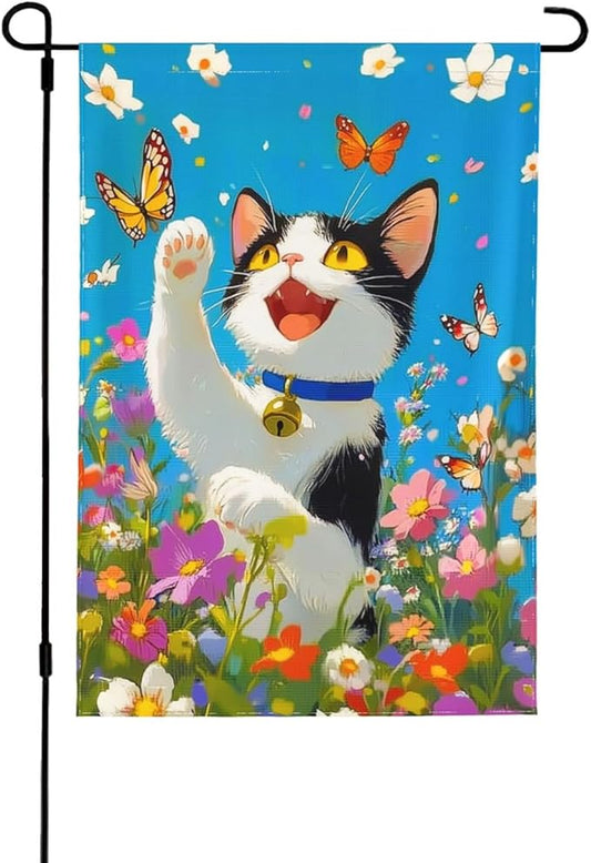 Cat Flower Garden Flag Vertical Double Sided Outdoor Yard Flags 12.5x18 Inch Burlap Banners for House Lawn