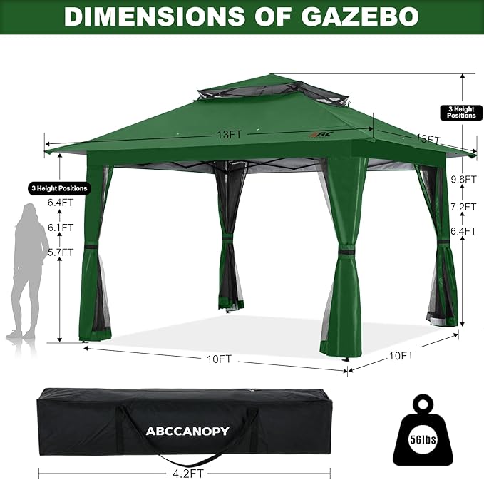 ABCCANOPY 13x13 Pop Up Gazebo, Outdoor Canopy Tent, Instant Screened Shelter with Mosquito Netting for Patio, Garden, Backyard, Party, Camping (Forest Green)