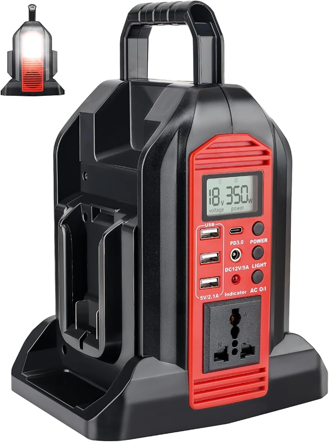 350W Power Inverter for Craftsman 20v V20 Battery, 2-Ports DC 20V to AC 110-120V Pure Sine Wave Battery Inverter with 3 USB-A Port, 1 USB-C Port,300lm LED Light for Camping Travel Emergency(Tool Only)