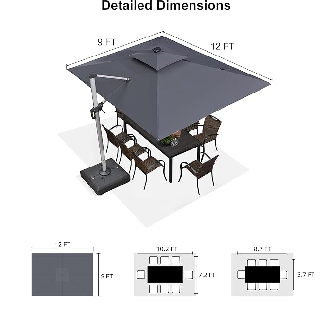 PURPLE LEAF 9' X 12' Solar Powered LED Rectangle Cantilever Umbrella With Base Patio Umbrellas Windproof Hanging Umbrella Outdoor Umbrellas, Grey