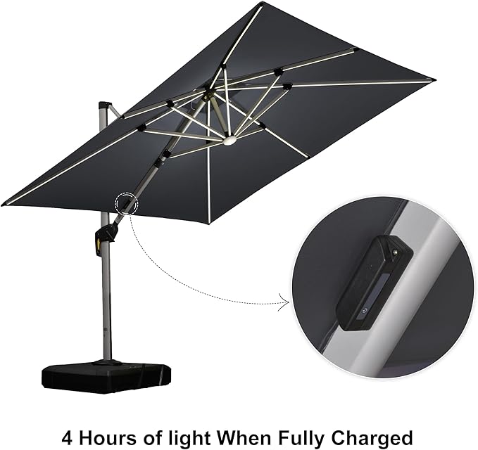 PURPLE LEAF 9 Feet Solar Powered LED Square Cantilever Umbrella With Base Patio Umbrellas Windproof Hanging Outdoor Umbrella Offset Umbrellas, Grey