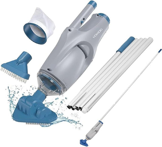 KOKIDO Rechargeable Handheld Hot Tub Spa Pool Vacuum, IPX8, Aluminum Pole and 2 Brush Heads, Ideal for Inflatable, Above Ground & Pools up to 20ft, 60-min Cordless Spot Cleaning Sand and Debris XV110