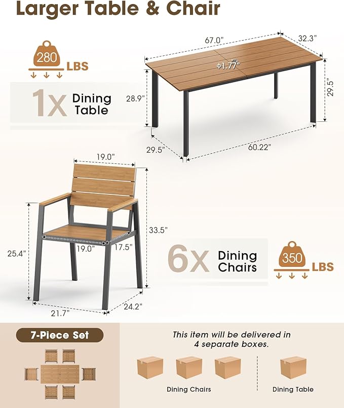Patio Outdoor Dining Set for 6, Aluminum 7 Piece HDPE Outdoor Table and Chairs Set with Umbrella Hole, Modren Rectangular Patio Furniture Set with All-weather Table and 6 Chairs (Gray & Teak)
