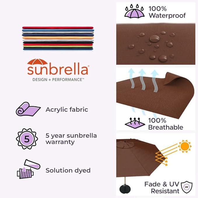 Midtown Umbrellas The Swilt 9 Feet Patio Umbrella in Sunbrella Bay Brown Acrylic Fabric - Fiberglass Ribs, Auto-Tilt Aluminum Frame For Backyard, Deck, Garden, Pool - White Pole