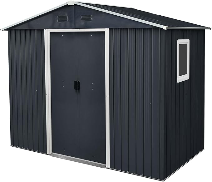 8x4 ft Outdoor Metal Storage Shed with Floor Foundation and Window, Lockable Galvanized Steel Tool Shed with Sliding Door and Air Vent, Waterproof Garden Storage House for Backyard, Patio