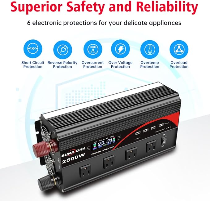 2500 Watt Inverter with LCD Display & Remote Control 12V DC to 110V/120V AC Converter Peak Power 5000W Car Inverter with 4 Sockets & 4 USB Ports for RV Truck Camping Off-Grid Solar System