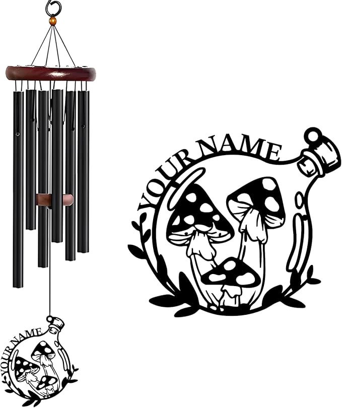 Personalized Customize Name Fantasy Mushroom Wonderland Wind Chime, Metal Iron 37 Inch Outdoor Memorial Gift for Garden Yard Patio Home Decor, Black (Style B)