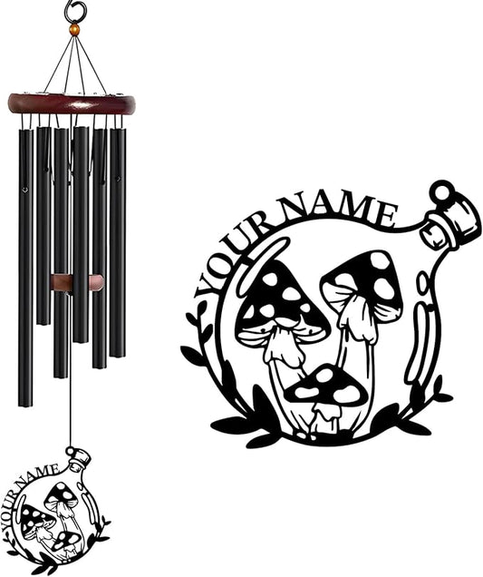 Personalized Customize Name Fantasy Mushroom Wonderland Wind Chime, Metal Iron 37 Inch Outdoor Memorial Gift for Garden Yard Patio Home Decor, Black (Style B)