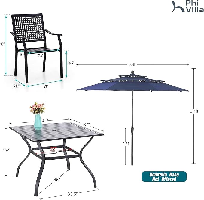 PHI VILLA 5 PCS Outdoor Dining Set with Umbrella for 4, Metal Steel Square Dining Table & Stacking Chais & 3-Tier Round Umbrella, Dining Furniture Set for Patio, Deck, Yard and Porch
