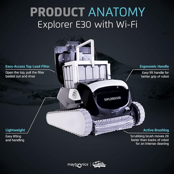 Dolphin 2025 Model Explorer E30 Wi-Fi Automatic Robotic Pool Vacuum Cleaner, Wall Climbing, Waterline Scrubber Brush, Ideal for Inground Pool 50 FT in Length