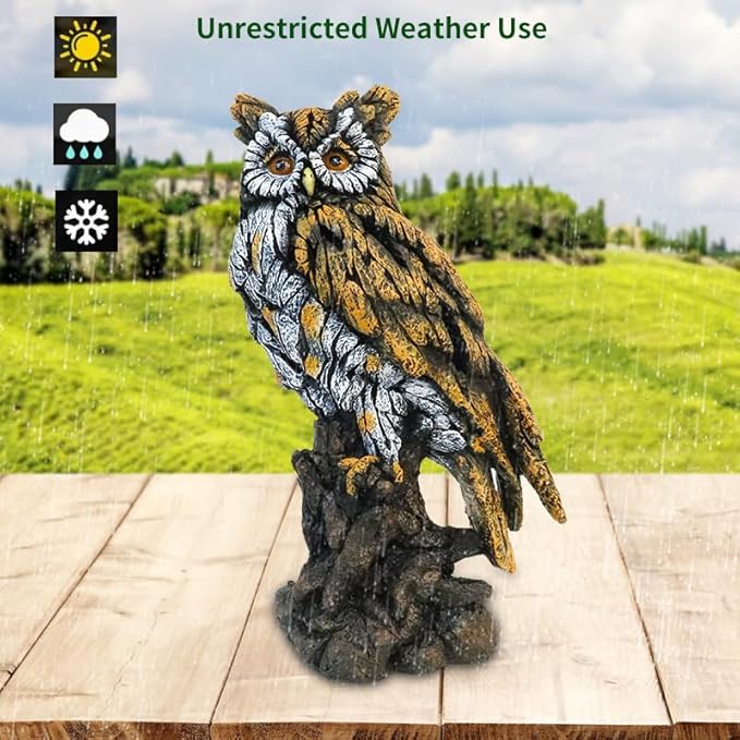 Solar Owl Resin Statue Hand - Painted Garden Decor with LED Light, Perched on Tree Stump Figurine for Outdoor Indoor Yard Patio Home Decoration