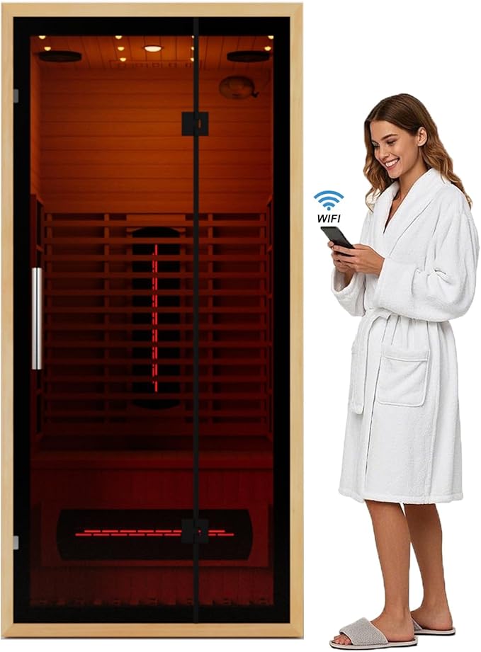 Full Spectrum Infrared Sauna for 1 Person, Upgraded WiFi Control Indoor Canadian Hemlock Wood Home Spa Saunas, Red Light Therapy, Speaker, Oxygen bar, Reading & 7-Color Light, 1350 W, US Instock 110V