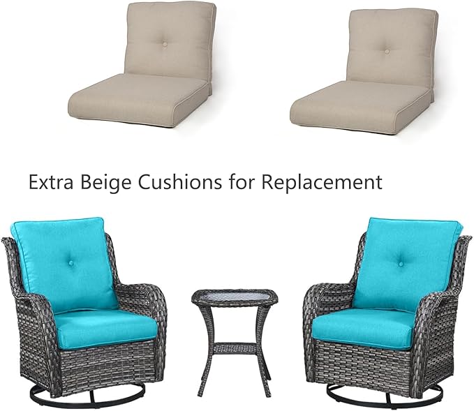 HUMMUH 3-Piece Swivel Rocking Rattan Chair Outdoor, Patio Bistro Furniture Conversation Set, Cushioned Wicker Chair with Glass Coffee Table(Grey,Blue)