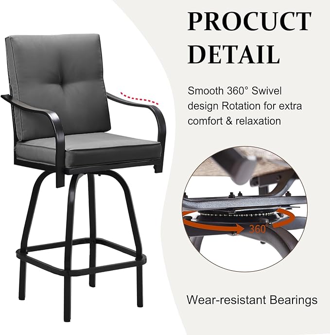Patio Swivel Bar Stools, Outdoor High Back Swivel Bar Chair Set of 6 with Cushion & All Weather Steel Frame for Backyard, Lawn, Poolside and Balcony, Dark Gray