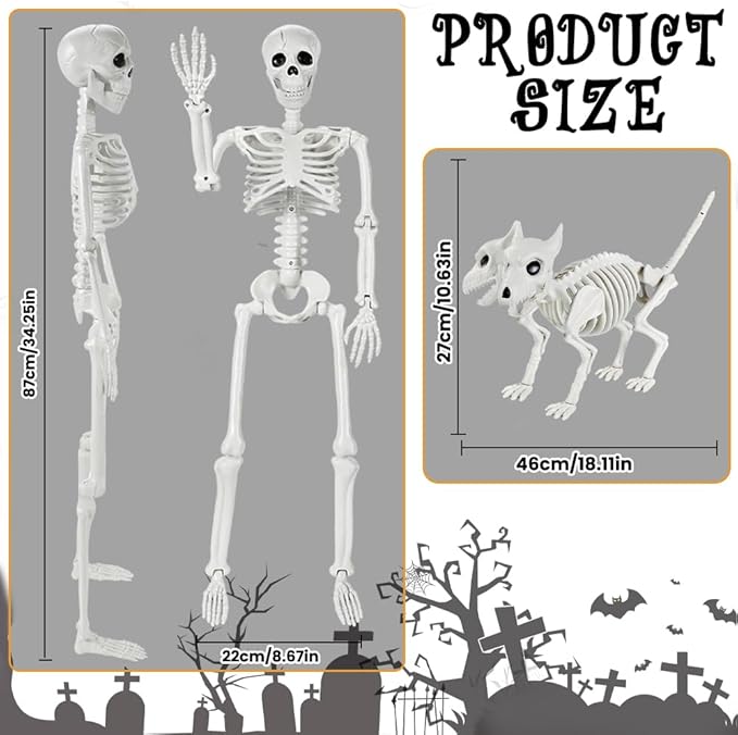 YUJUN 36'' Halloween Skeleton Decoration with 2Head Dog Skeleton, Full Body Posable Skeleton Realistic Plastic Bones Movable Joints for Halloween Party Yard Haunted House Props Indoor Outdoor Decor