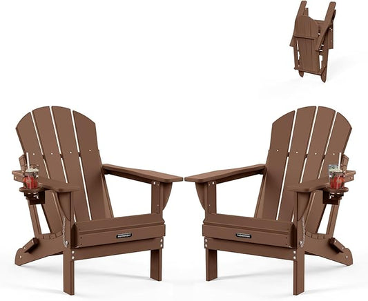 MUCHENGHY Folding Adirondack Chairs Set of 2, Patio Chairs, Lawn Chairs, Outdoor Chair, Adirondack Chair Plastic, Fire Pit, Weather Resistant with Cup Holder for Deck, Backyard, Garden(Brown)