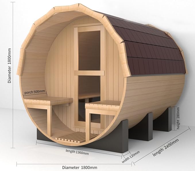 Outdoor Far Infrared Sauna 6 Person, Canadian Red Cedar Barrel Sauna, Extra Large Space with Porch, 220V, 3500 W, 10 Heating Element, Oxygen Bar, USB Radio, Lamps(0-140℉)