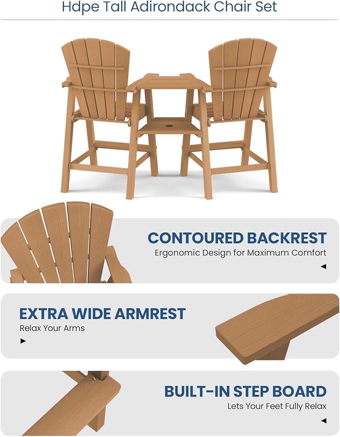Ciokea Tall Adirondack Chairs Set of 4, HDPE Outdoor Adirondack Bar Stools with Double Connecting Tray, Weather Resistant High Back Adirondack Balcony Chairs for Deck, Lawn, Pool, Backyard, Teak