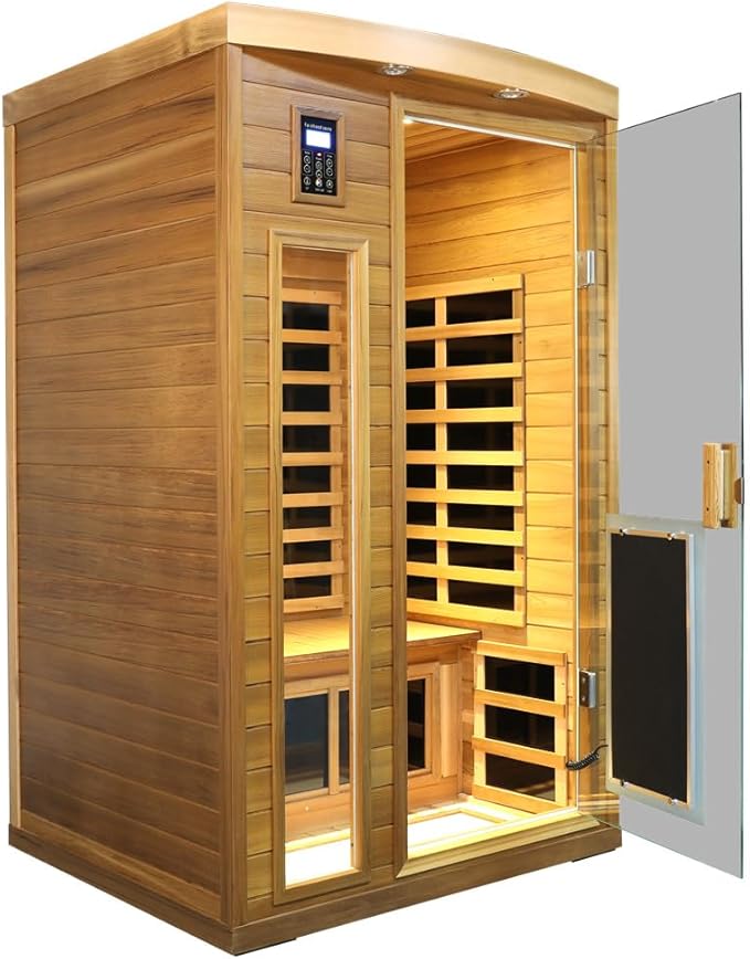 2 Person Infrared Sauna, Red Cedar Wood Low EMF Far Infrared Saunas for Home, 1750watt Indoor Personal Sauna Roombox with Door Heating Panels, 7-Color Lights, Outdoor Lamps, Blue-Tooth