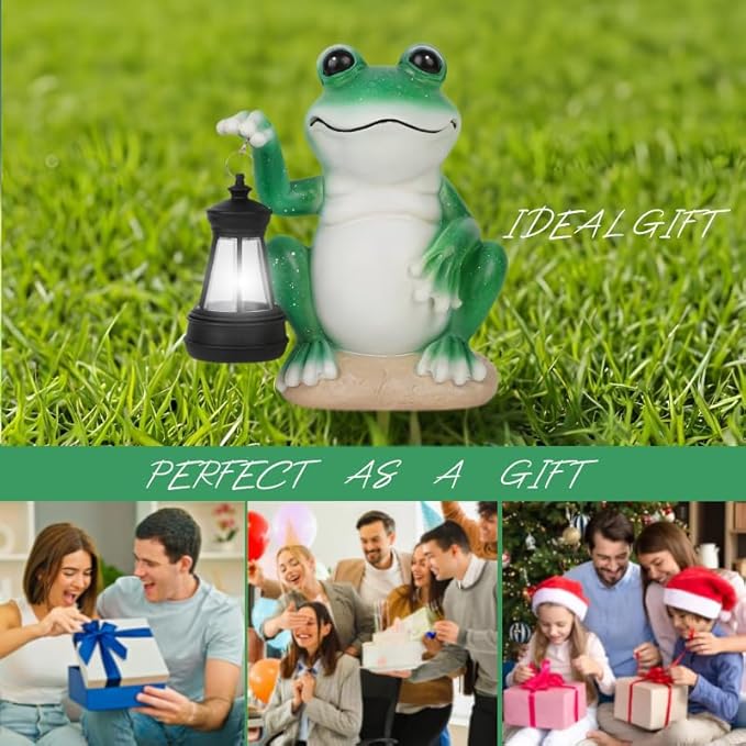 Frog Garden Statues with Solar Lantern, Outdoor Figurine Resin Sculpture Hanging Solar Power Lights for Decoration Yard Patio Balcony Lawn Ornament Art Decor, Unique Gift for Grandma Wowen Mom