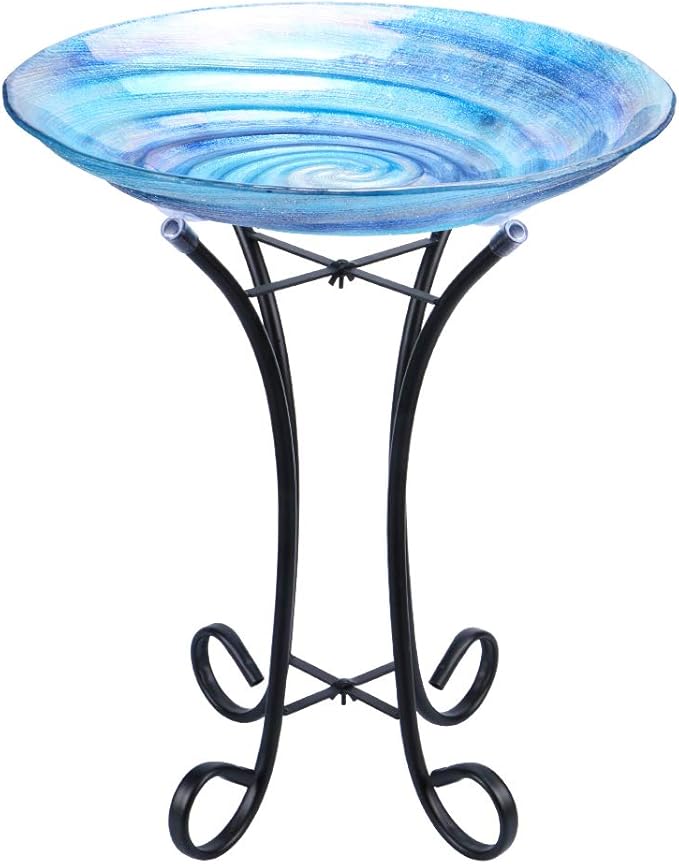 MUMTOP Outdoor Glass Birdbath with Metal Stand for Lawn Yard Garden Decor,18” Dia/21.65 Height