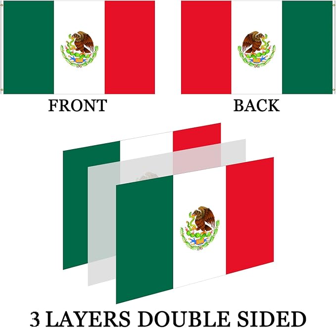 Big Mexican Mexico Flag 3x5 For Wall Double Sided- 3Ply 240D 4 Rows Stitched- 3x5 Mexico Country Flag Polyester- UV Fade Resistant With Canvas Header & 2 Brass Grommets