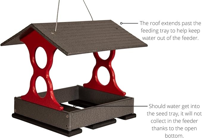 JCS Wildlife Medium Poly Fly-Thru Bird Feeder w/Removable Seed Tray - Holds 4 Cups of Bird Seed to Attract Cardinals, Chickadees, and More Backyard Birds (Gray and Red)