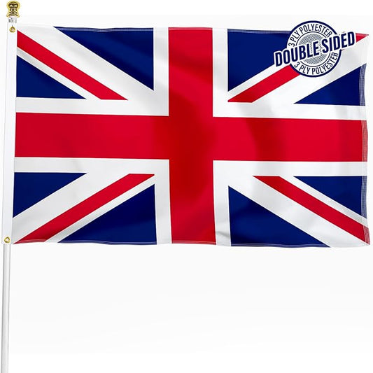 British Union Jack Flag 3x5 ft Outdoor, Double Sided 3 Ply Heavy Duty National Flag for UK, 100% Quality Polyester England United Kingdom Banner with Brass Grommets 4 Rows Stitches