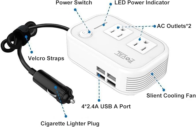 200W Car Power Inverter, FOVAL 12V DC to 110V AC Car Inverte with 4 USB Ports Car Outlet Adapter, Power Inverter for Vehicles, Car Plug Adapter Outlet for Laptop Computer Charger (White)