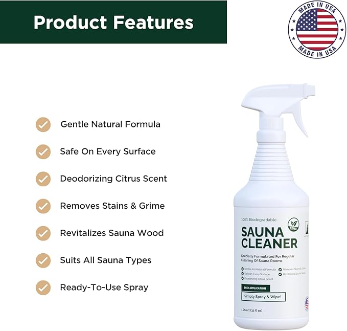 Sauna Cleaner - Natural Wood Cleaner & Deodorizer - Ready-to-Use Spray - 1 Quart (32 Fl Oz)