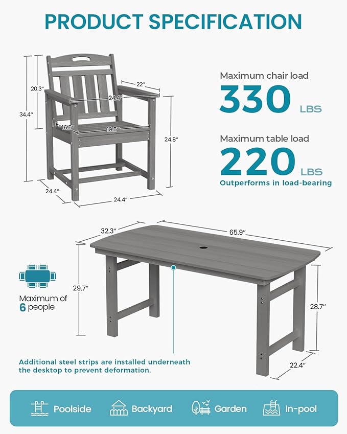 Ciokea HDPE Outdoor Dining Set 7-Piece Patio Table and Chairs with Umbrella Hole, All-Weather Patio Dining Set for 6, Durable Patio Furniture Set for Backyard, Garden, Lawn & Poolside, Grey