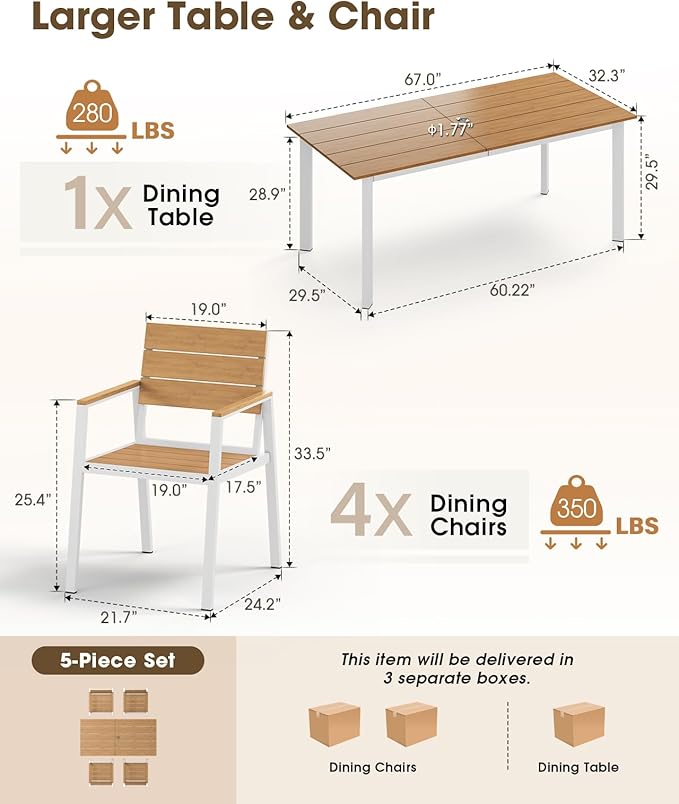 Outdoor Patio Dining Set, Aluminum & HDPE 5 Piece Outdoor Table and Chairs Set with Umbrella Hole, Modren Rectangular Patio Furniture Set with All-Weather Table and 4 Chairs (White & Teak)