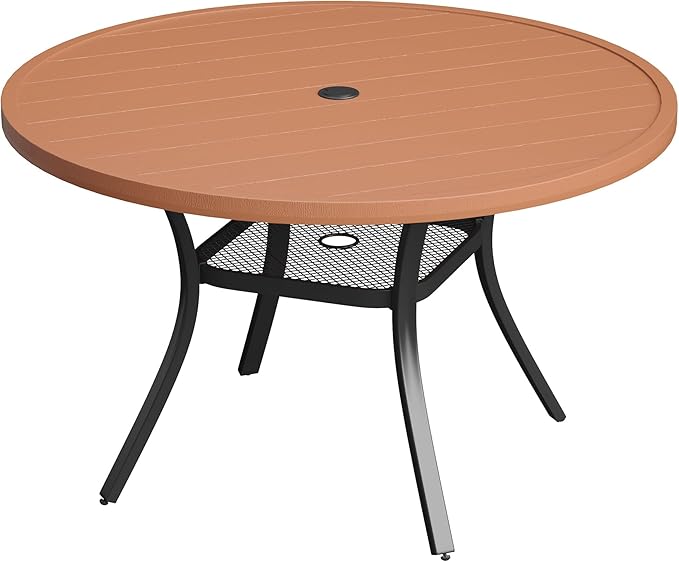VICLLAX Outdoor Patio Round Dining Table, 41.7"x 41.7" Plastic Tabletop with Storage Shelf for Deck Lawn Garden Backyard, Walnut