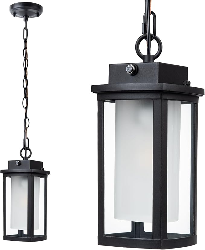 JYZ Dusk to Dawn Outdoor Hanging Light, Exterior Pendant Lantern Dusk Till Dawn, Modern Contemporary Indoor Outdoor Chandelier Lamp Ceiling Mount for Front Porch Gazebo Patio Garden Pergola