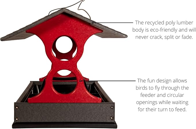JCS Wildlife Medium Poly Fly-Thru Bird Feeder w/Removable Seed Tray - Holds 4 Cups of Bird Seed to Attract Cardinals, Chickadees, and More Backyard Birds (Gray and Red)