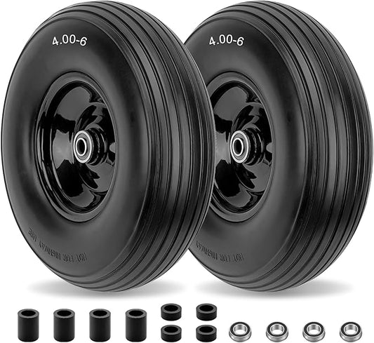 4.00-6 Flat-Free Solid Tire and Wheel 13" Wheelbarrow Tire by Cenipar With 3/4" & 5/8" Grease Bushing and 1.75" Centered Hub 4.00-6 tire and wheel for Garden Cart Trolley Hand Truck, 2 PC