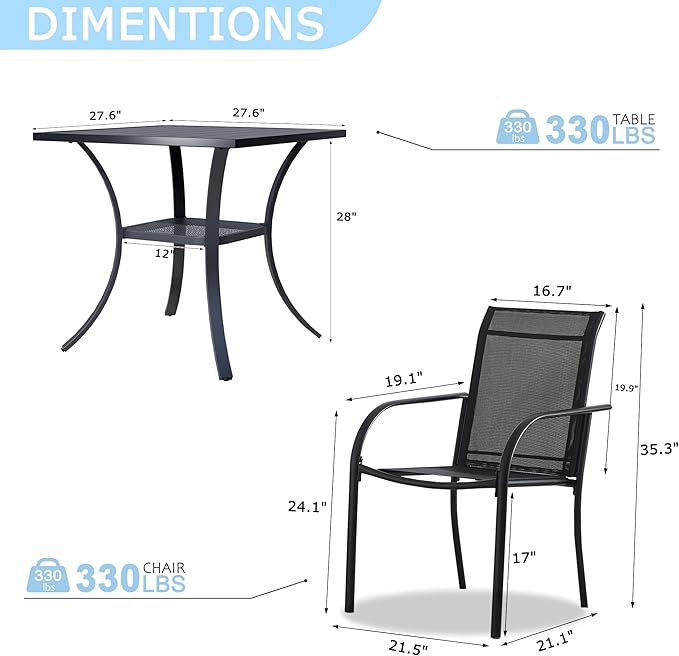 3 Pieces Round Dining Table Set for 2, Patio Dining Set Includes 2 Black Stackable Patio Chairs and 27.6" Black Metal Square Table, Patio Furniture Sets with Sling Support for Outside, Garden