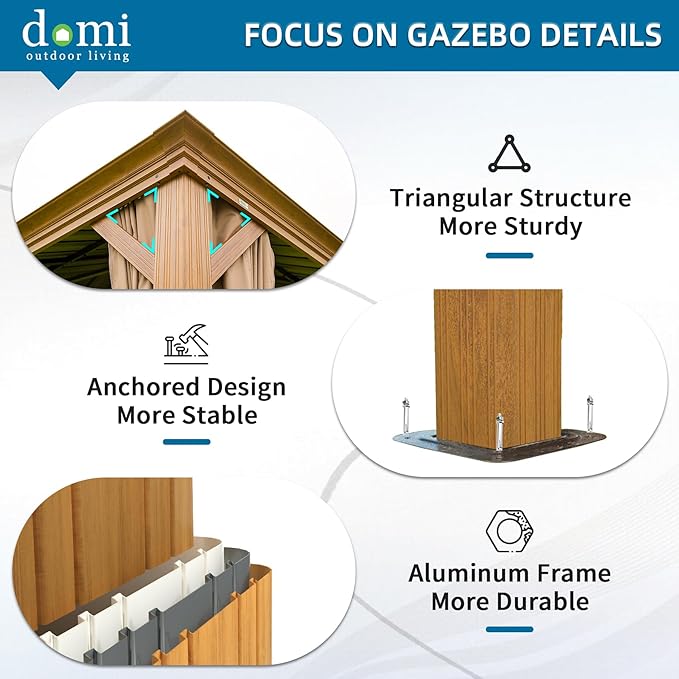 Domi Outdoor Living 12’x14’ Hardtop Gazebo, Wooden Coated Aluminum Frame Canopy with Galvanized Steel Double Roof, Outdoor Permanent Metal Pavilion with Curtains and Netting for Patio, Deck and Lawn