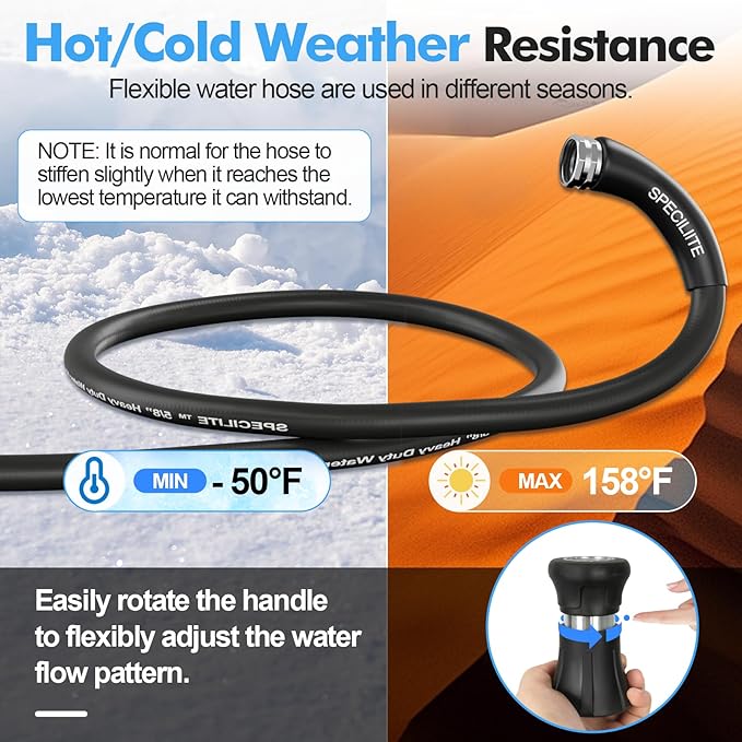 SPECILITE 5/8" Hot/Cold Water Hose 200 ft with High Flow Nozzle,Heavy Duty Flexible Rubber Garden Hose -50℉ to 158℉ With 3/4" Stainless Steel Fittings for Yard, Outdoor, Farm, Lightweight, Black