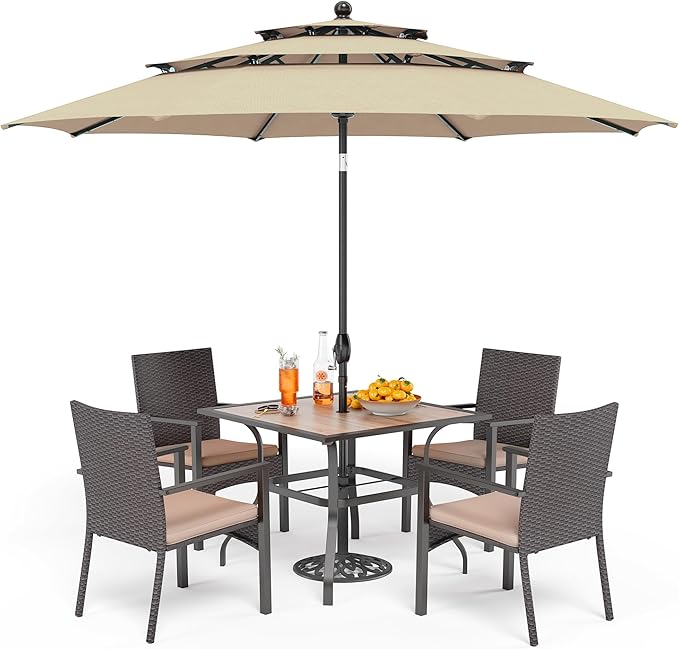 PHI VILLA 5 Pieces Outdoor Dining Set with Umbrella for 4, 37" Square Metal Polywood Table & Cushioned Wicker Rattan Chairs & 10ft Beige Umbrella Furniture for Patio, Deck, Yard, Porch