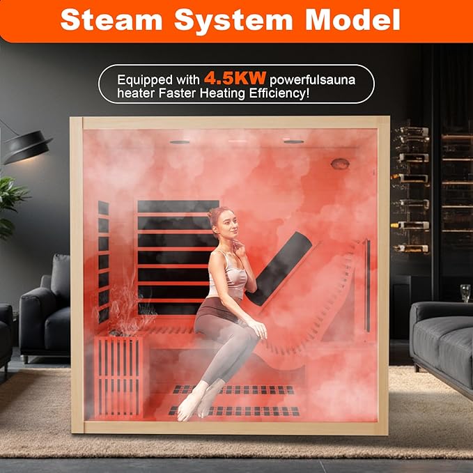 Dual System Sauna, Wooden Steam Room with Recliner or 1 Person Indoor Infrared Home Sauna, Indoor Saunas for Home with 220V, 4.5W Steam Sauna Heater, 7 Infrared Heaters, (Hemlock)