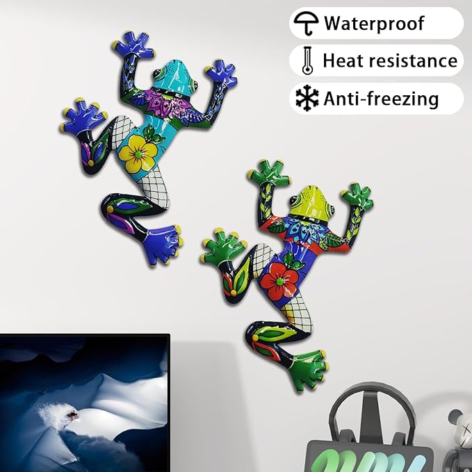 John's Studio 2Pcs Metal Frog Wall Decor Outdoor Garden Hanging Art Sculptures Home Ocean Theme Decorations for Kitchen Bathroom and Pool