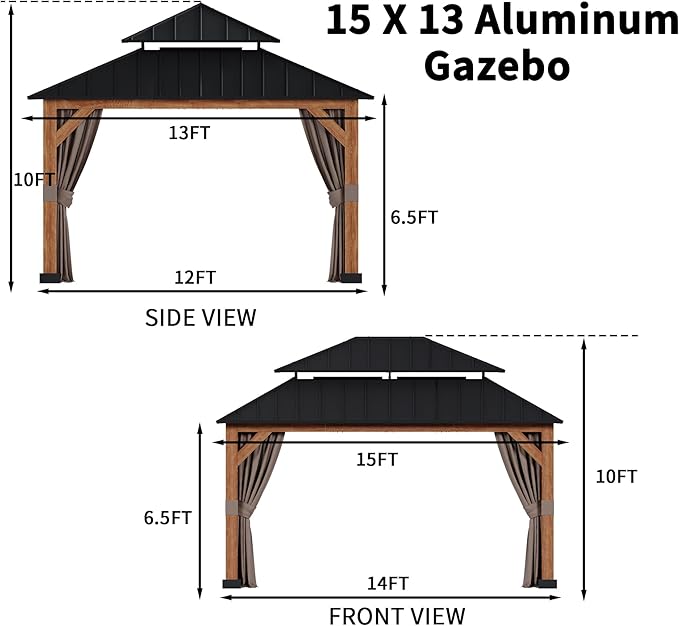 13' x 15' Double Hardtop Gazebo - Outdoor Thermal Transfer Wood-Looking Aluminum Gazebo with Double Hardtop, Privacy Curtains and Mosquito Nettings Included, for Patio, Garden, Backyard