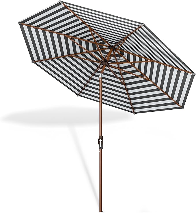 Midtown Umbrellas Wooden 2-10 Feet Large Patio Umbrella, Terylast Black & White Stripes Fabric, Aluminum Frame For Backyard Umbrella, Deck Umbrella, Garden Umbrella & Pool Umbrella - Wooden Pole