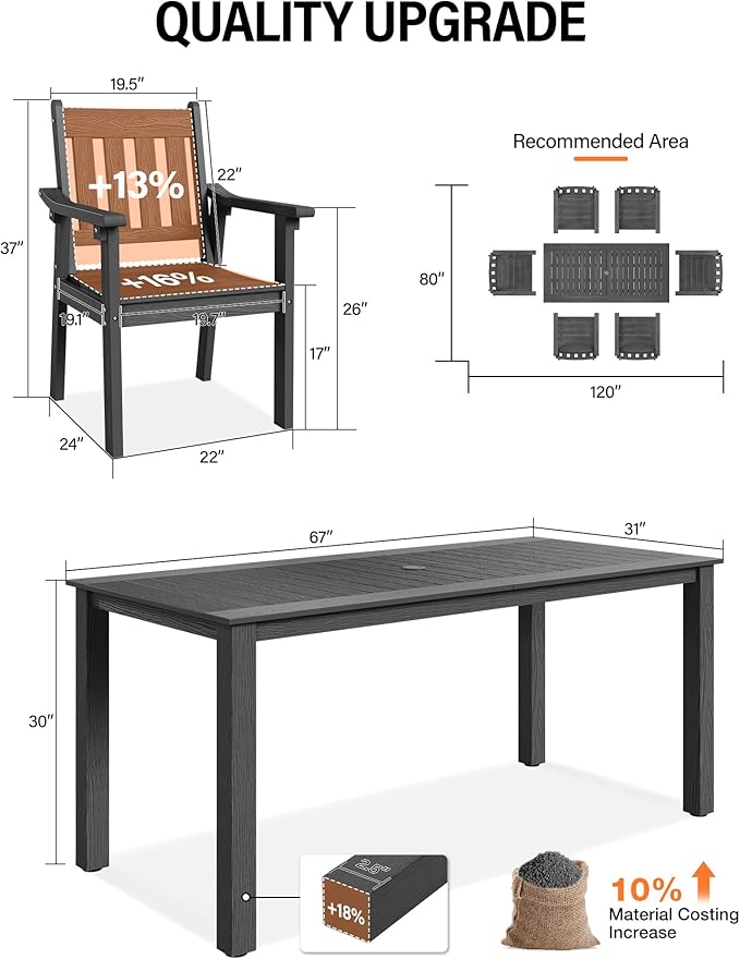 YEFU HIPS Patio Table Set: 10 Piece Outdoor Table and Chairs Dining Furniture Set with Umbrella Hole - Gray Modern Plastic Dining Sets 8 Person for Outside Deck with Metal Aluminum Frame