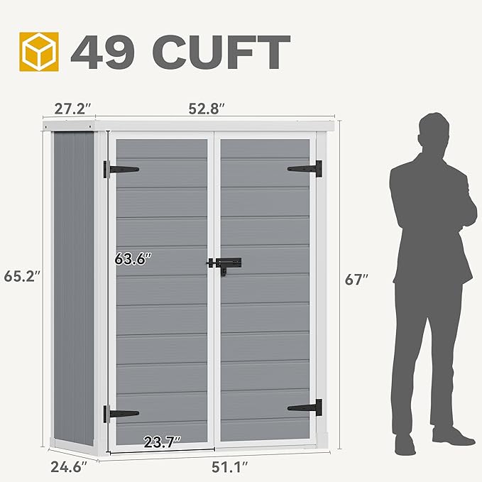DWVO 49 Cuft Outdoor Tall Storage Shed with 2 Shelves, Weatherproof Vertical Tool Shed with Floor & Lockable Doors, Sturdy Double-Wall Plastic Cabinet for Garbage Cans and Garden Equipment (Gray)